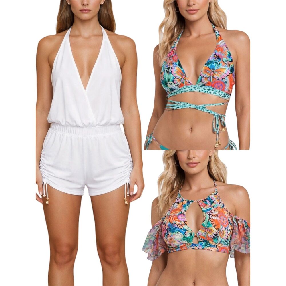 Luli Fama Viva Cuba Bikini Tops + Costa Buena White Romper Bundle Size M/L - Picture 2 of 11